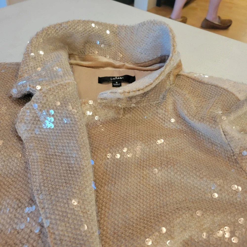 Lulus Sequin Blazer Jacket Womens Small Champagne Gold Ruched Sleeve Party - Picture 16 of 16